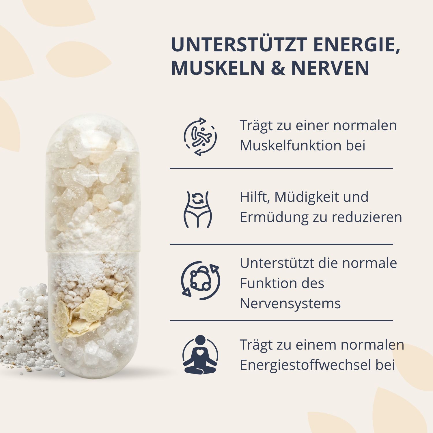Transparente Kapsel mit Magnesium-Inhalt. Liste mit Vorteilen für Energie, Muskeln, Nerven.