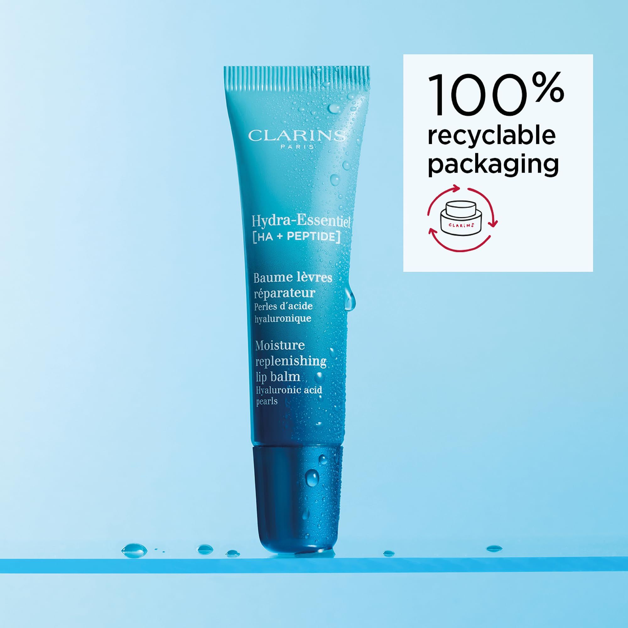 Clarins Hydra-Essentiel Lippenbalsam-Tube mit 100% recycelbarer Verpackung.