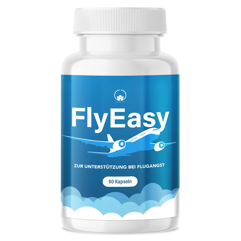 Weiße Flasche mit blauem Etikett. Aufschrift FlyEasy, Flugzeug-Illustration, 60 Kapseln. Kapseln zur Unterstützung bei Flugangst.