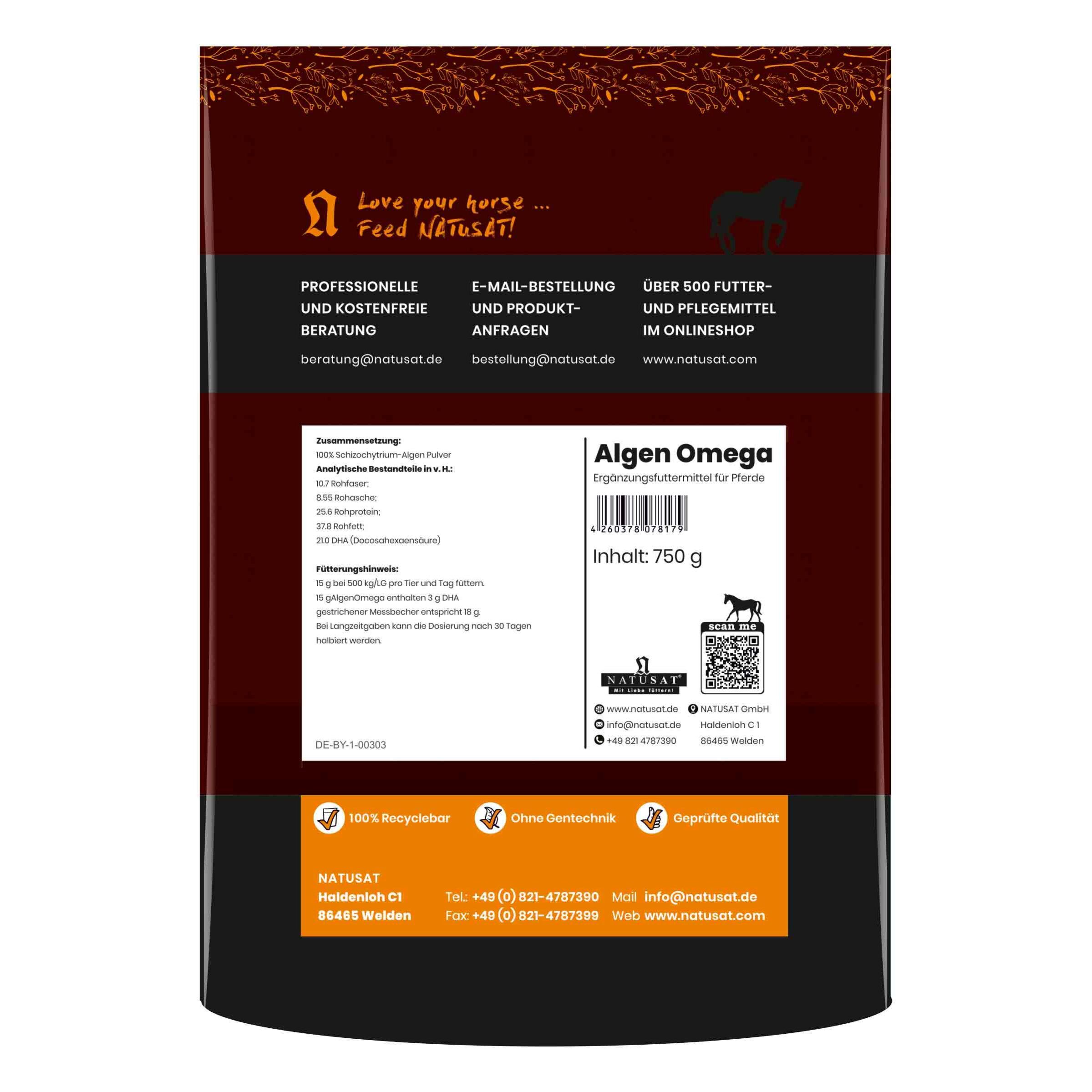 Verpackung von Natusat Algen-Omega. Braune Tasche mit Produktinformationen, Inhaltsangaben und dem Logo. Inhalt: 750 g.