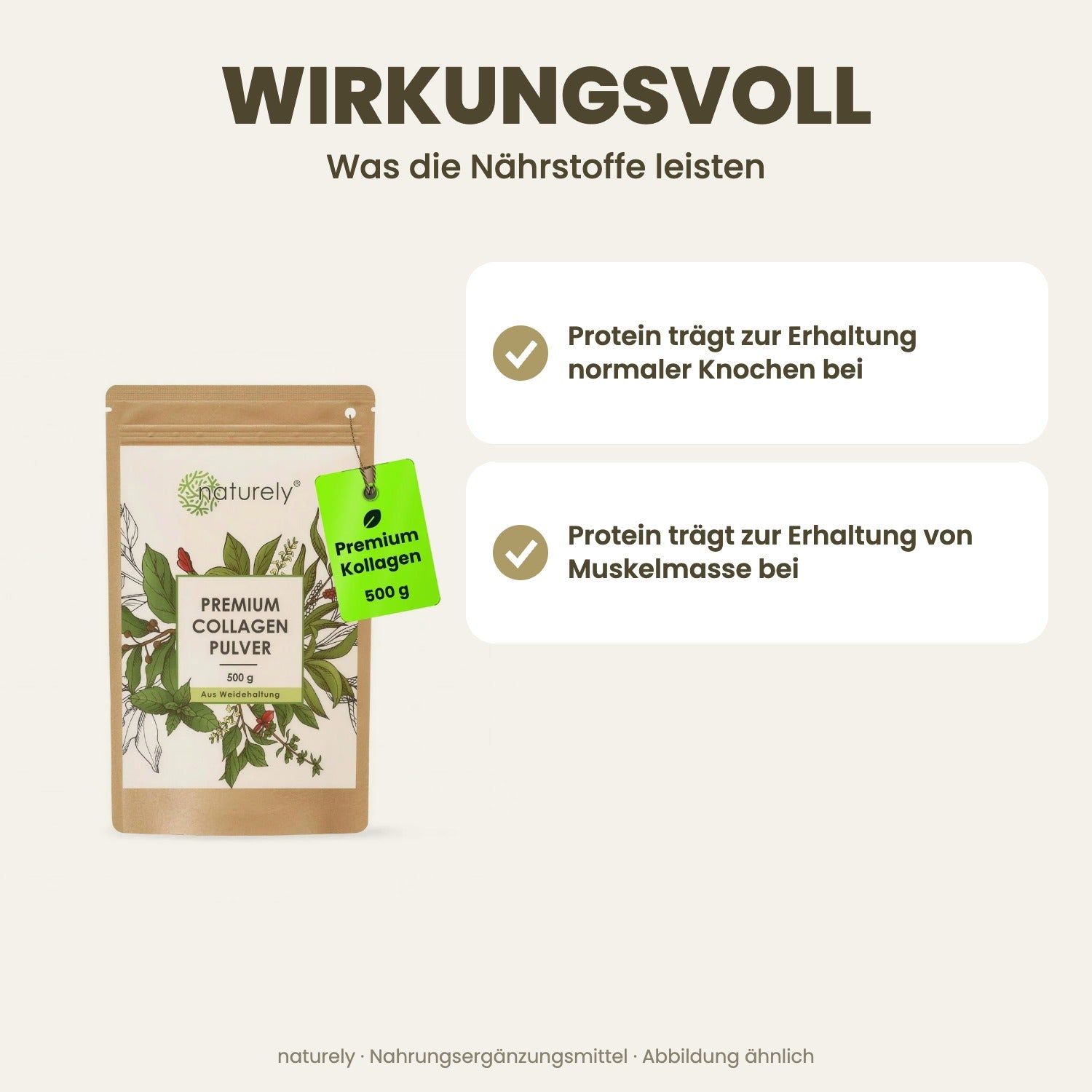 Beutel 'Premium Collagen Pulver' 500g von Naturely, mit Infografiken zu Vorteilen wie Knochen- und Muskelerhaltung.