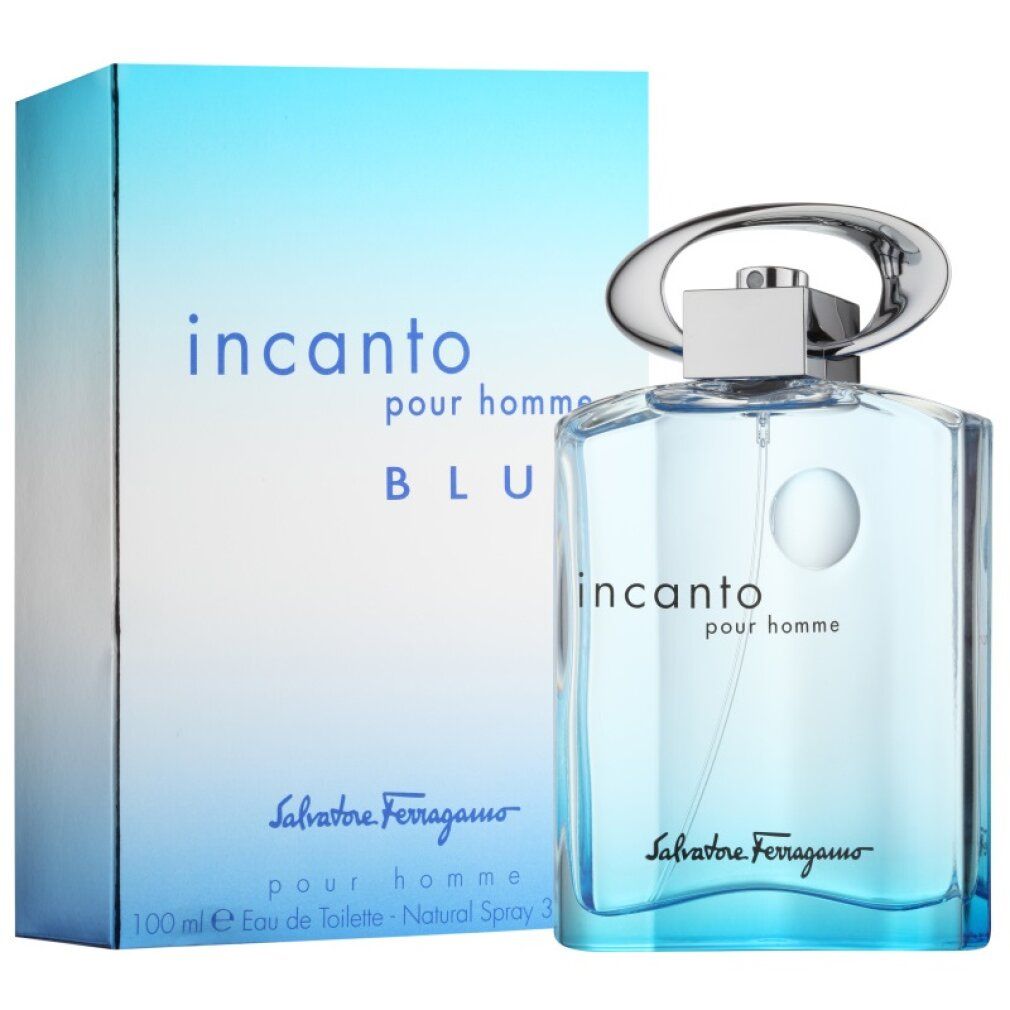 Hellblaues Parfümflakon mit silberfarbenem Verschluss und Verpackung. Aufschrift: Incanto pour homme Blu, Salvatore Ferragamo.