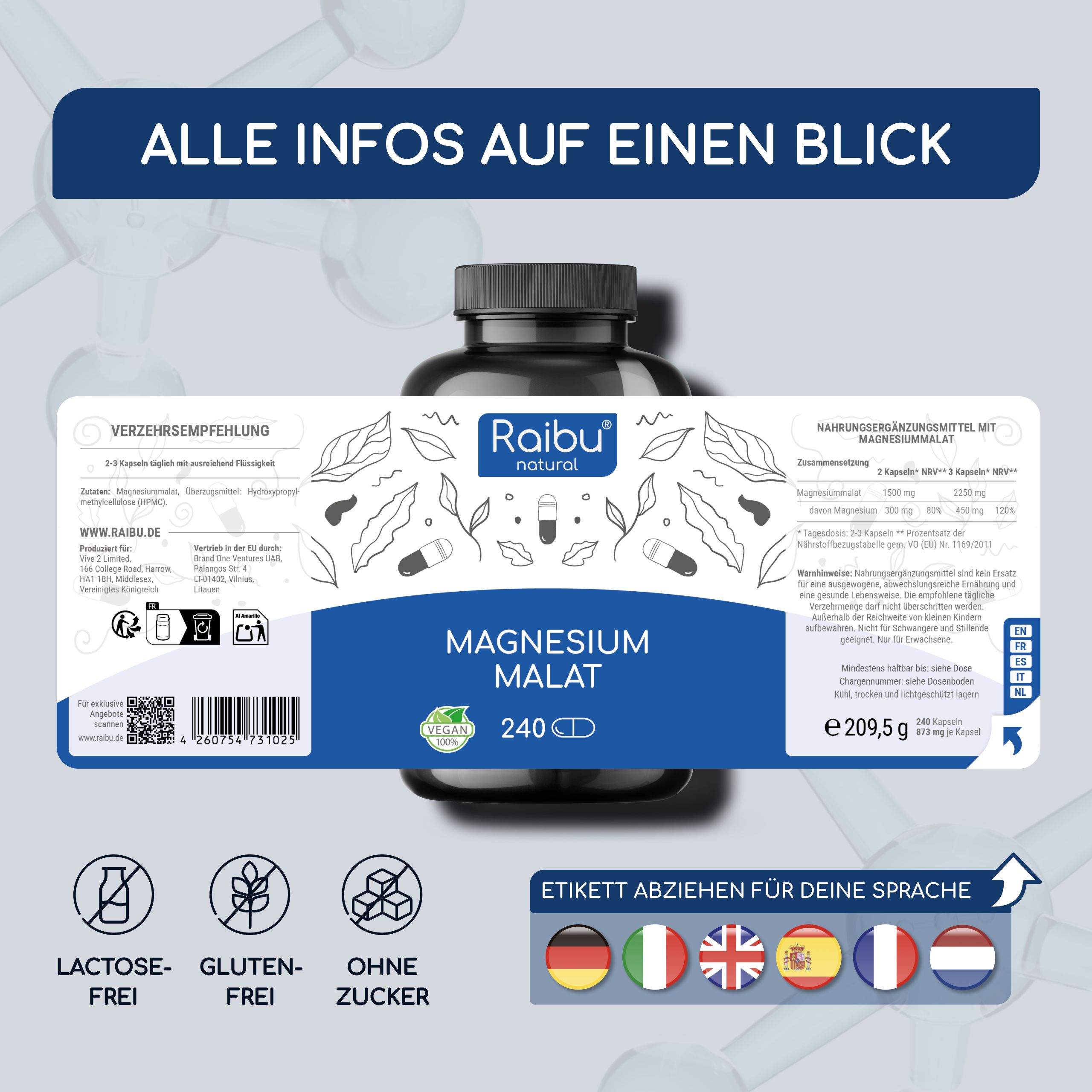 Magnesium Malat - Für Energiestoffwechsel, Müdigkeit & Muskelfunktion - Raibu
