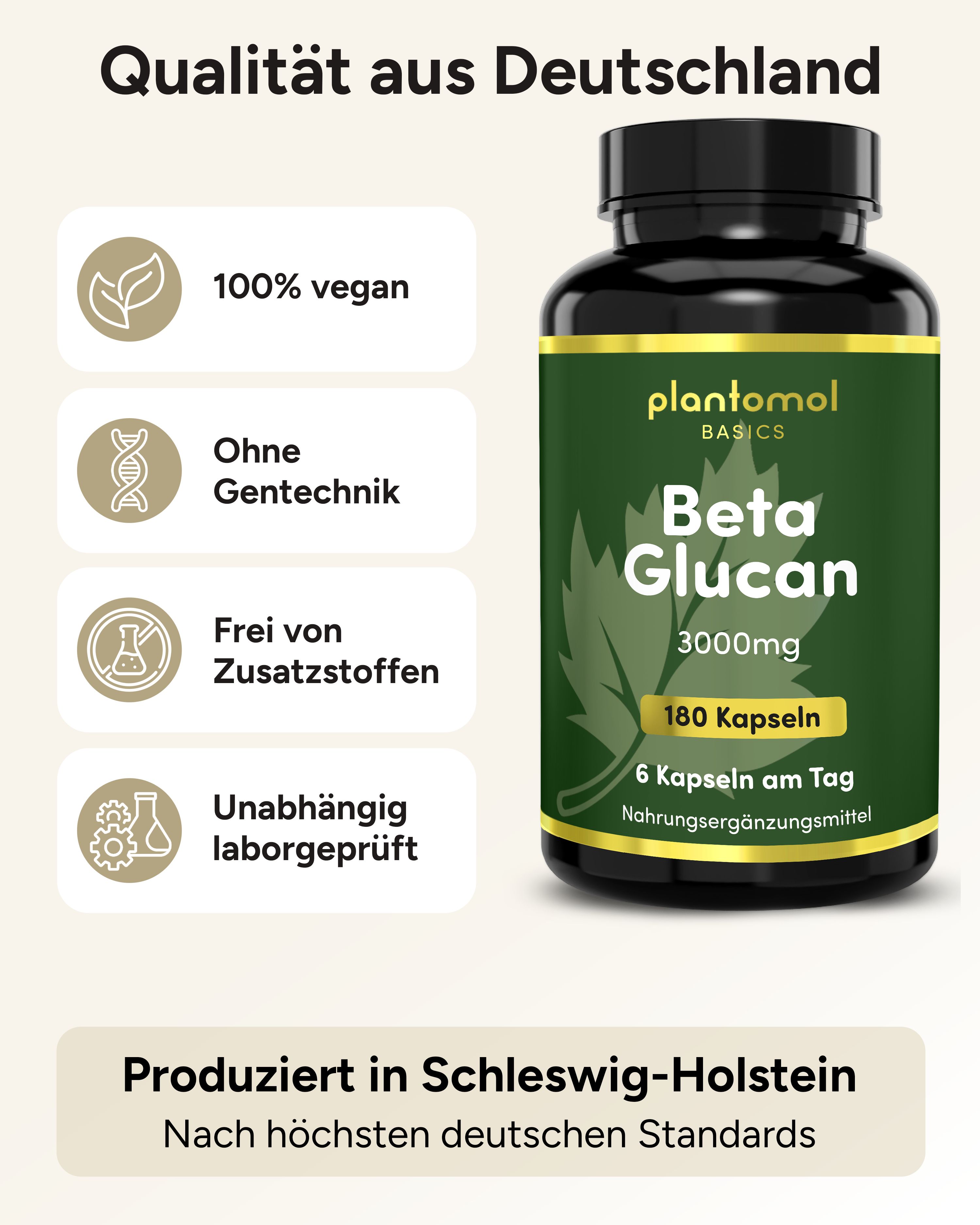 Braune Kapsel-Dose mit Etikett: Beta Glucan, 180 Kapseln, 6 Kapseln täglich. Logos.
