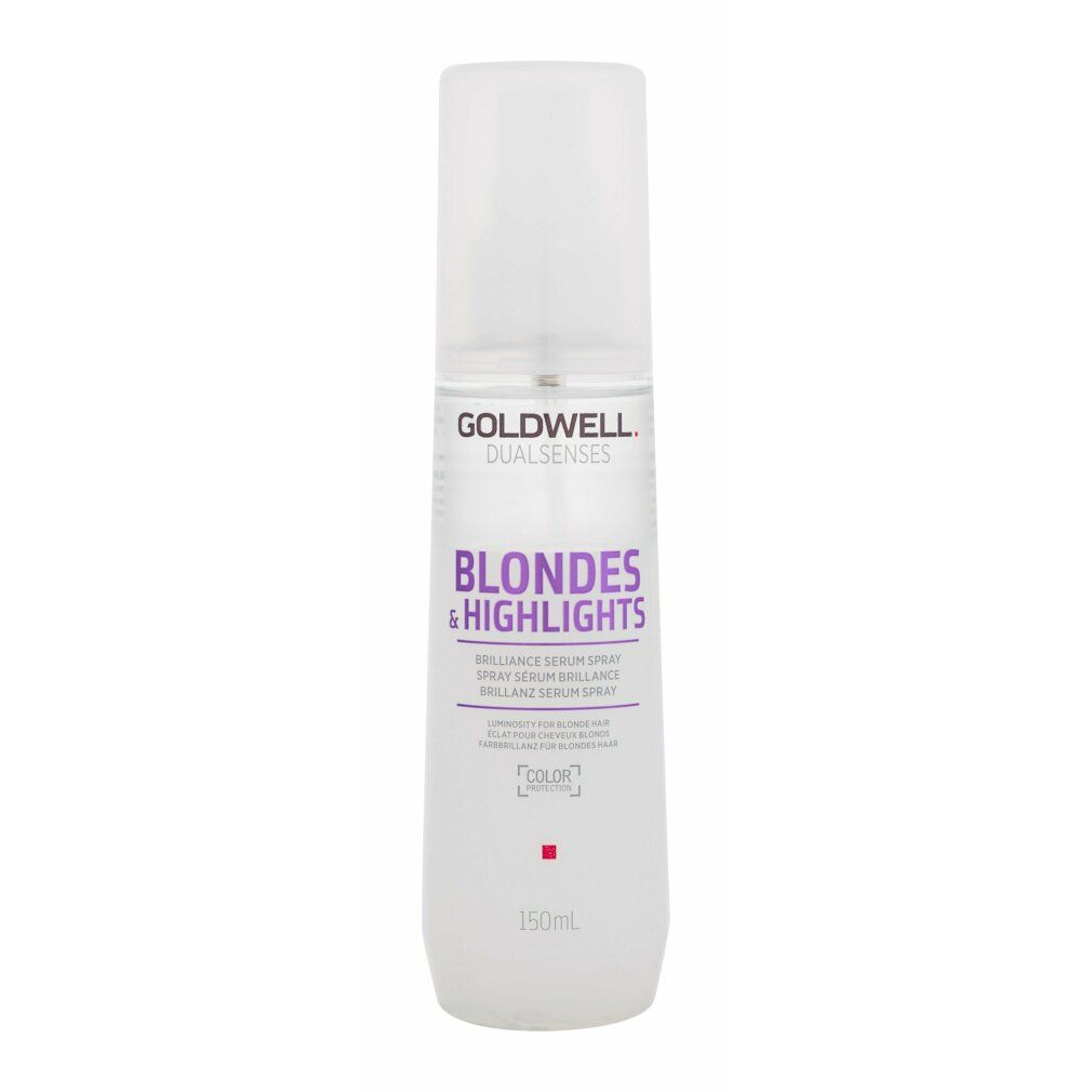 Goldwell Blondes & Highlights Brilliance Serum Spray. Weiße Flasche mit Sprühkopf. Lila Schriftzug. 150ml.
