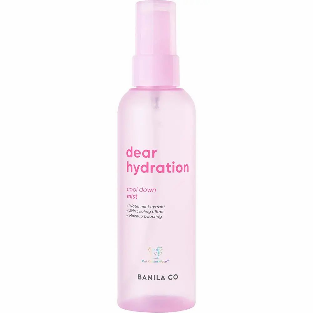 Rosa Sprühflasche mit 'dear hydration cool down mist' Aufschrift. Enthält Wasser-Minze-Extrakt.