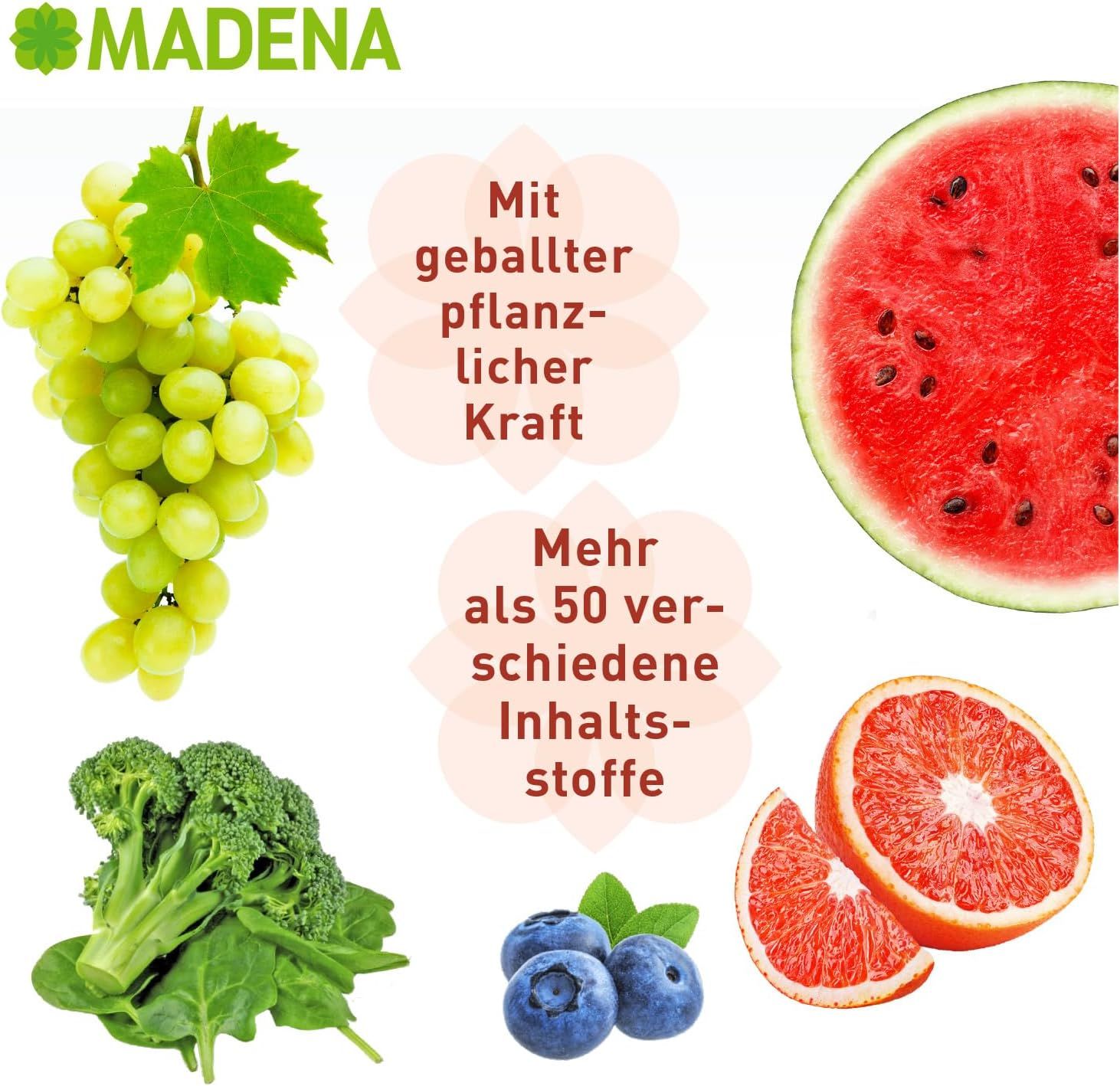 Verschiedene Früchte und Gemüse. Text: Mit geballter pflanzlicher Kraft. Mehr als 50 verschiedene Inhaltsstoffe.