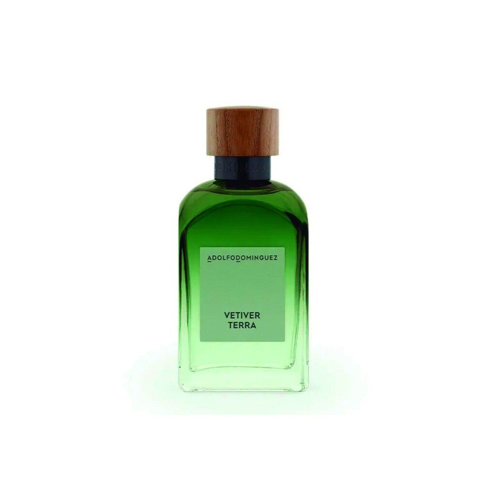 Grüne Glasflasche mit Holzdeckel. Aufschrift: VETIVER TERRA. Marke: ADOLFODOMINGUEZ.
