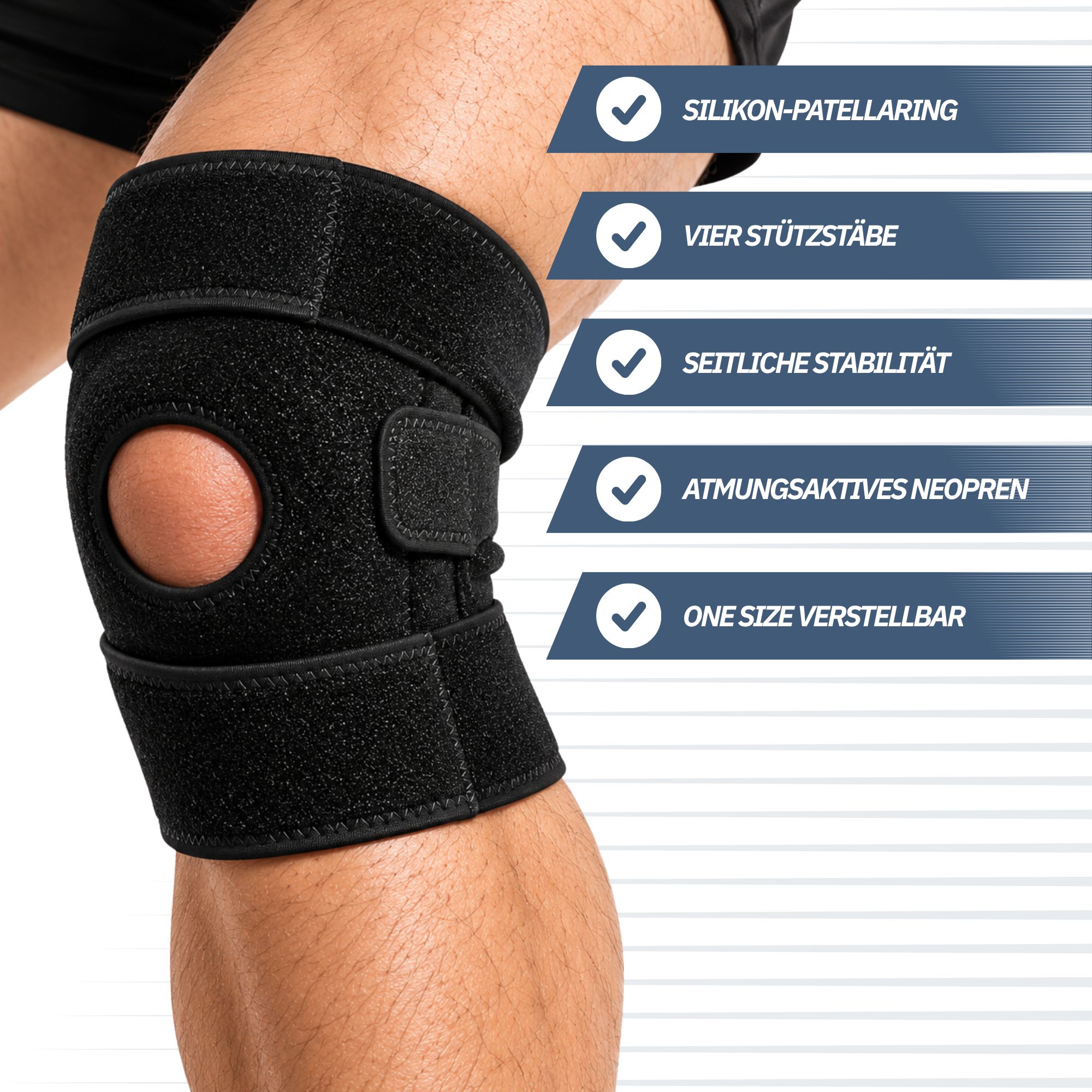 Mann spielt Tennis mit einer schwarzen Kniebandage.