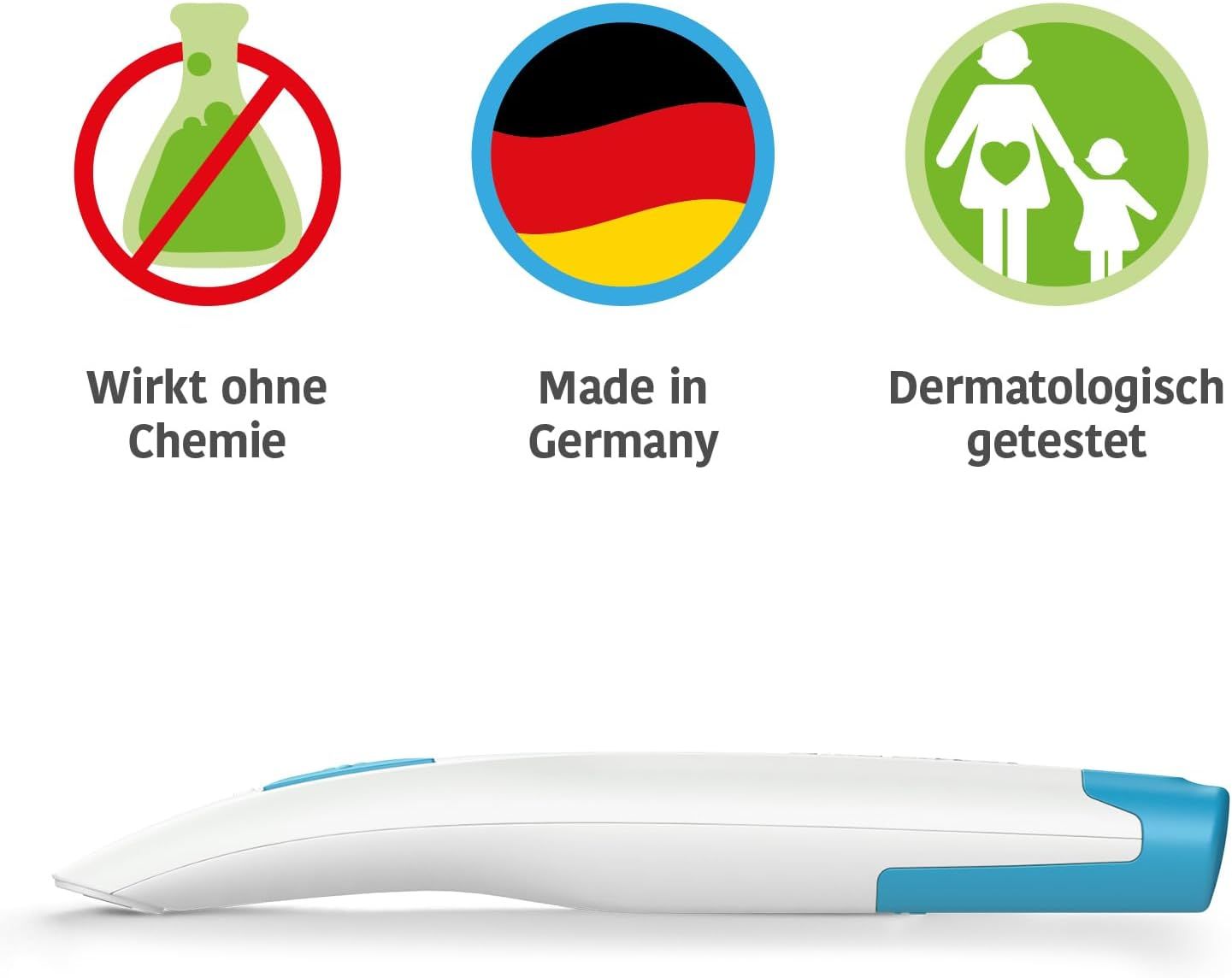 Weißes Gerät mit blauen Akzenten. Logos: Keine Chemie, Made in Germany, dermatologisch getestet. Unterhalb des Geräts.
