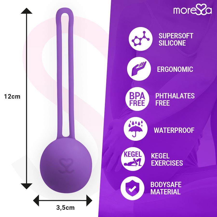 Lila Silikonkugel mit Schnur, 12cm lang, 3,5cm breit. Merkmale: Supersoft, Ergonomisch, BPA/Phthalatfrei, Wasserdicht, Kegelübungen, Körpersicher.