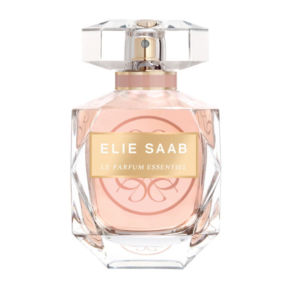 Parfümflasche mit rosa Flüssigkeit, goldfarbenem Etikett und transparentem Deckel. Text: Elie Saab Le Parfum Essentiel.