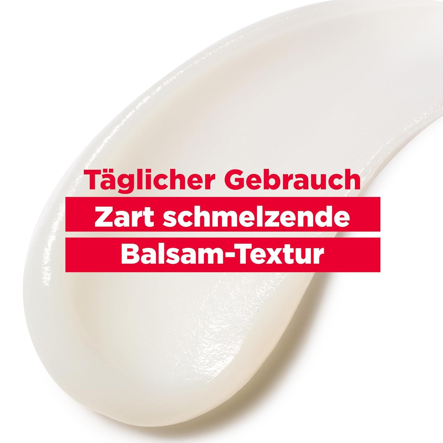 Produkt-Textur. Text: Täglicher Gebrauch. Zart schmelzende Balsam-Textur.