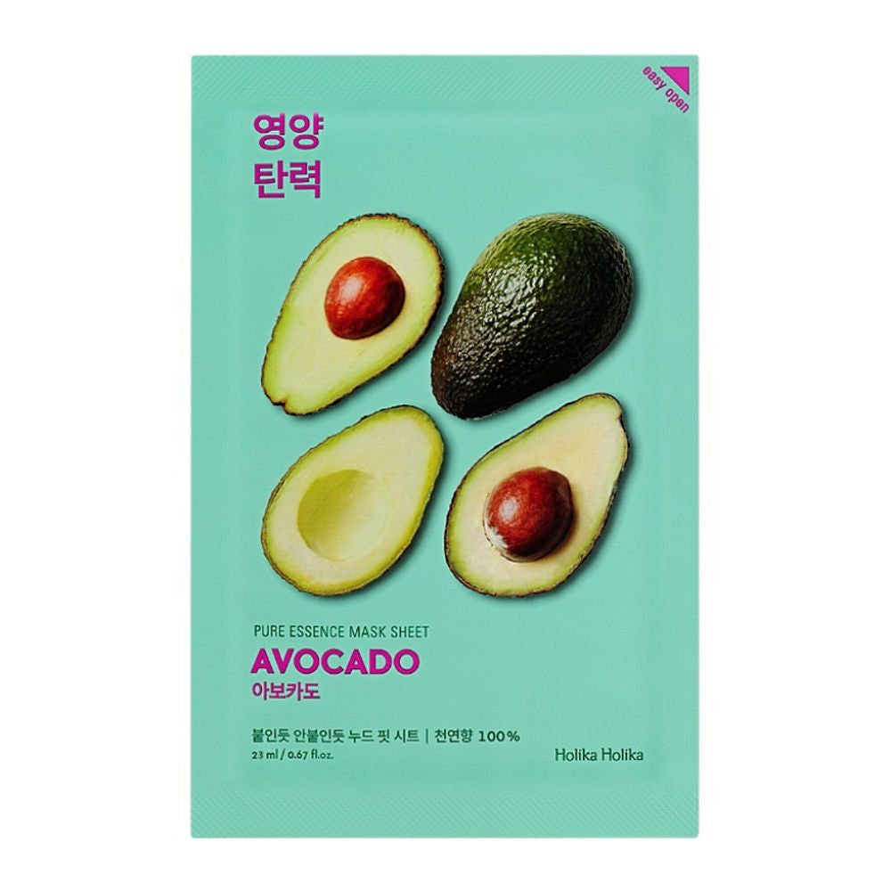 Gesichtsmaske mit Avocado-Motiv. Aufschrift: Pure Essence Mask Sheet Avocado. Marke: Holika Holika. Grünliche Verpackung mit Avocado-Abbildungen.