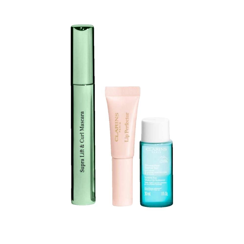 Clarins Mascara, Lip Perfector und Augen-Make-up Entferner. Grün-rosa-blaue Produkte. Text auf Mascara: "Supra Lift & Curl Mascara".
