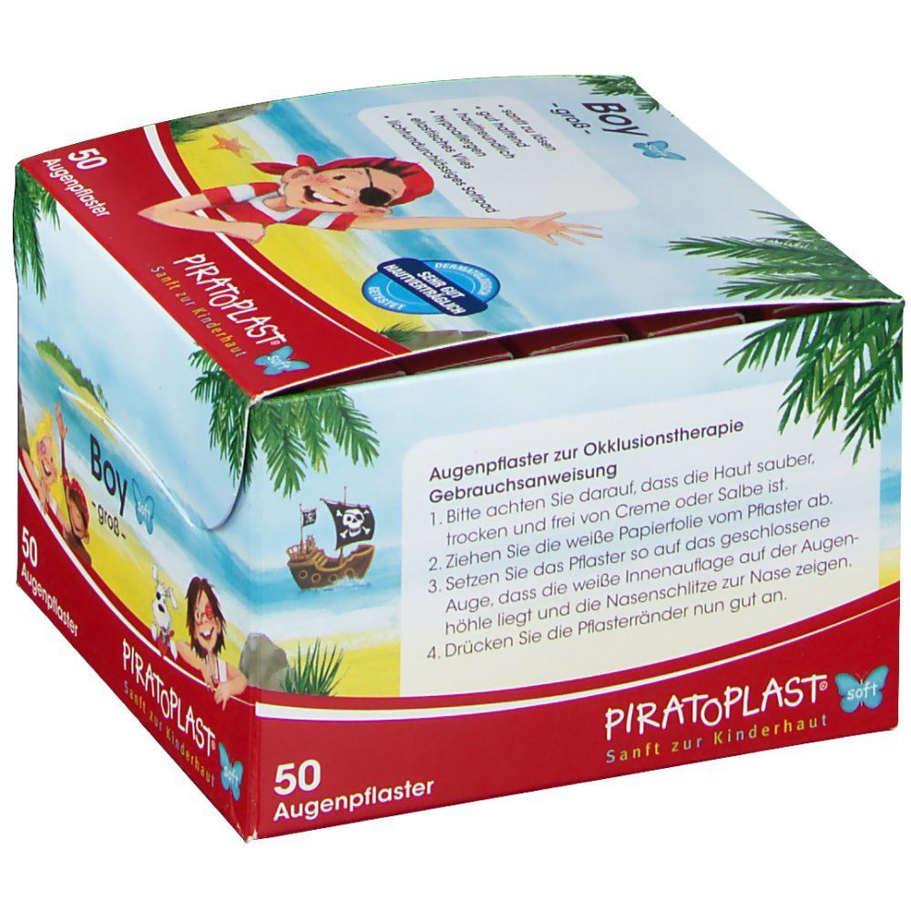 Pappschachtel mit Augenpflastern. Aufdruck: PIRATOPLAST® Boy soft groß. 50 Augenpflaster. Abbildung eines Piratenjungen. Gebrauchsanweisung.