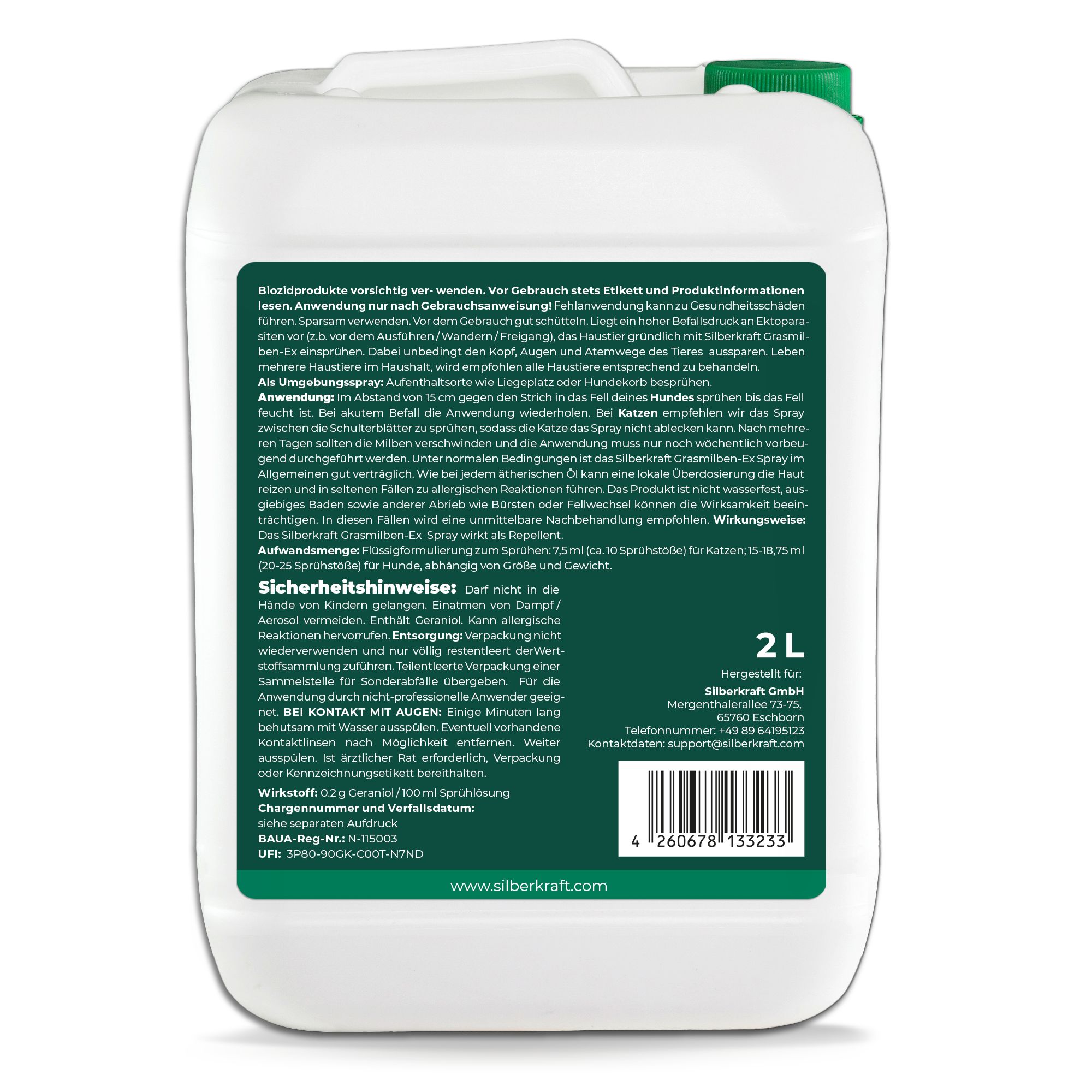 Rückseite eines 2L Kanisters SILBERKRAFT Grasmilben-Ex Spray. Text: Sicherheits- und Anwendungshinweise, Inhaltsstoffe, Chargennummer, Herstellerinformationen.