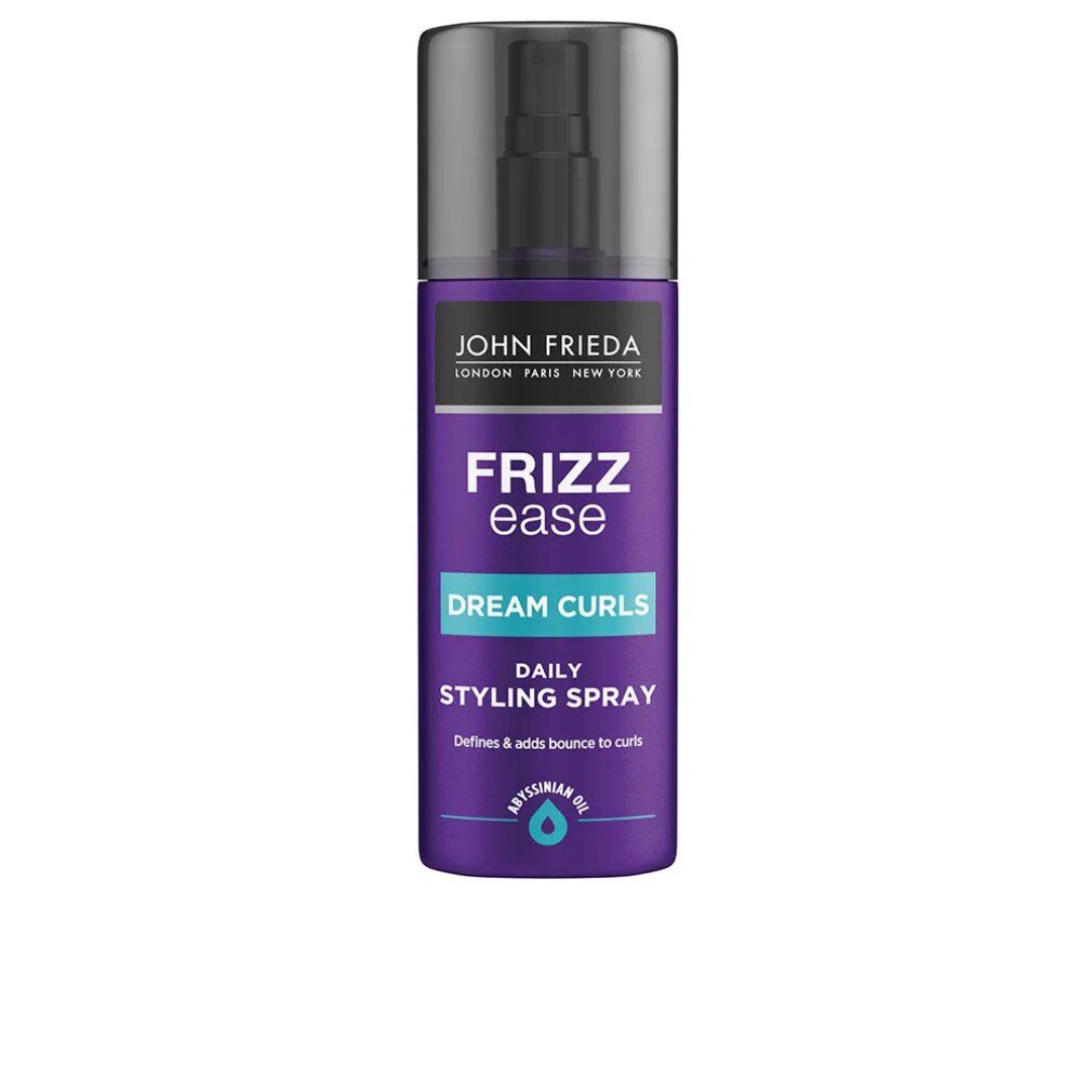Lila Sprühflasche mit schwarzem Sprühkopf. Aufschrift: John Frieda, Frizz Ease, Dream Curls, Daily Styling Spray.