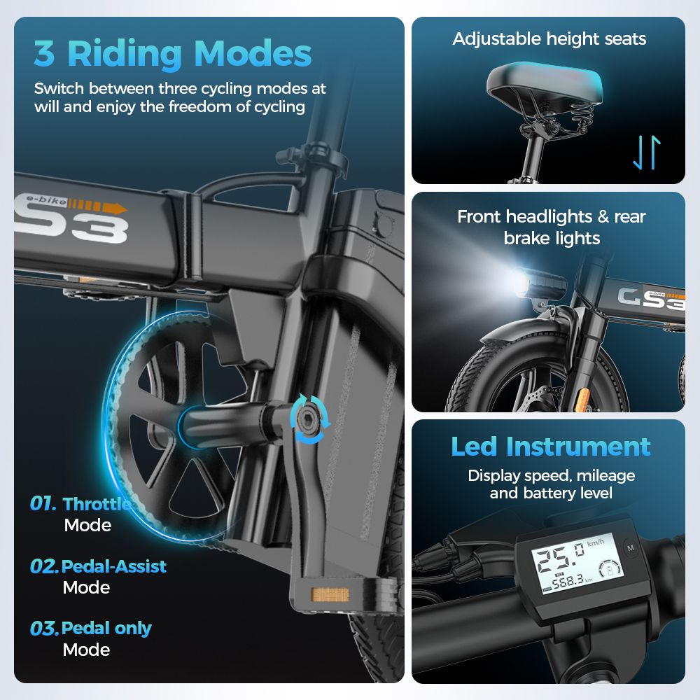 E-Bike GS3 mit 3 Fahrmodi. Einstellbare Sitzhöhe, Front- und Rücklichter, LED-Instrument mit Geschwindigkeit, Kilometerstand und Akku.
