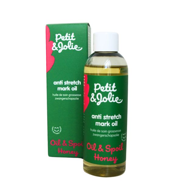 Eine Flasche und eine Schachtel mit Produktinformationen. Auf der Flasche steht "anti stretch mark oil". Die Marke ist "Petit & Jolie".