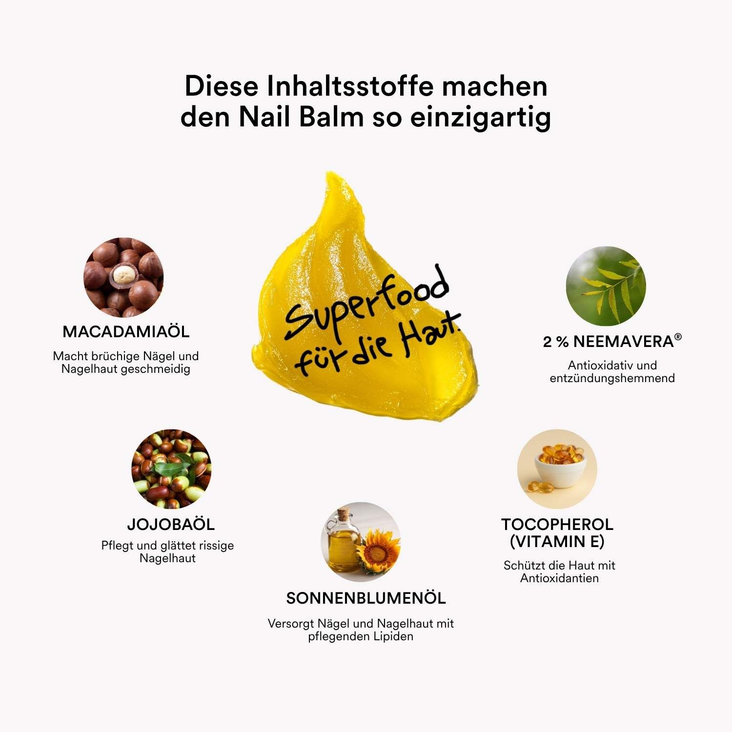 Gelbe Substanz mit Text: Superfood für die Haut. Umgeben von Abbildungen von Inhaltsstoffen wie Macadamiaöl und Jojobaöl.