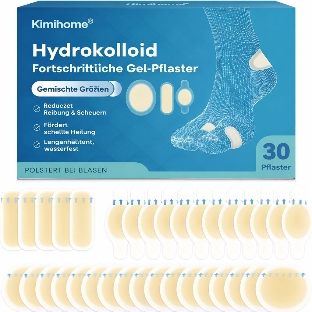 Produktverpackung. Text: Kimihome Hydrokolloid-Pflaster. Gemischte Größen. 30 Pflaster. Reduziert Reibung & Scheuern. Fördert schnelle Heilung. Wasserfest.