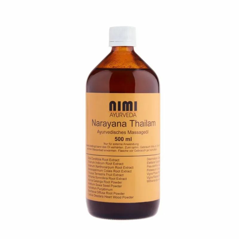 Braune Glasflasche mit weißem Deckel. Etikett mit Text: Nimi Ayurveda Narayana Thailam, 500 ml.