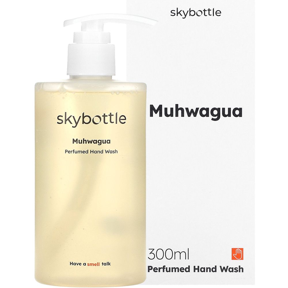 Flasche mit Pumpe und Verpackung. Aufschrift: skybottle, Muhwagua, Perfumed Hand Wash, 300ml. Hand-Symbol.