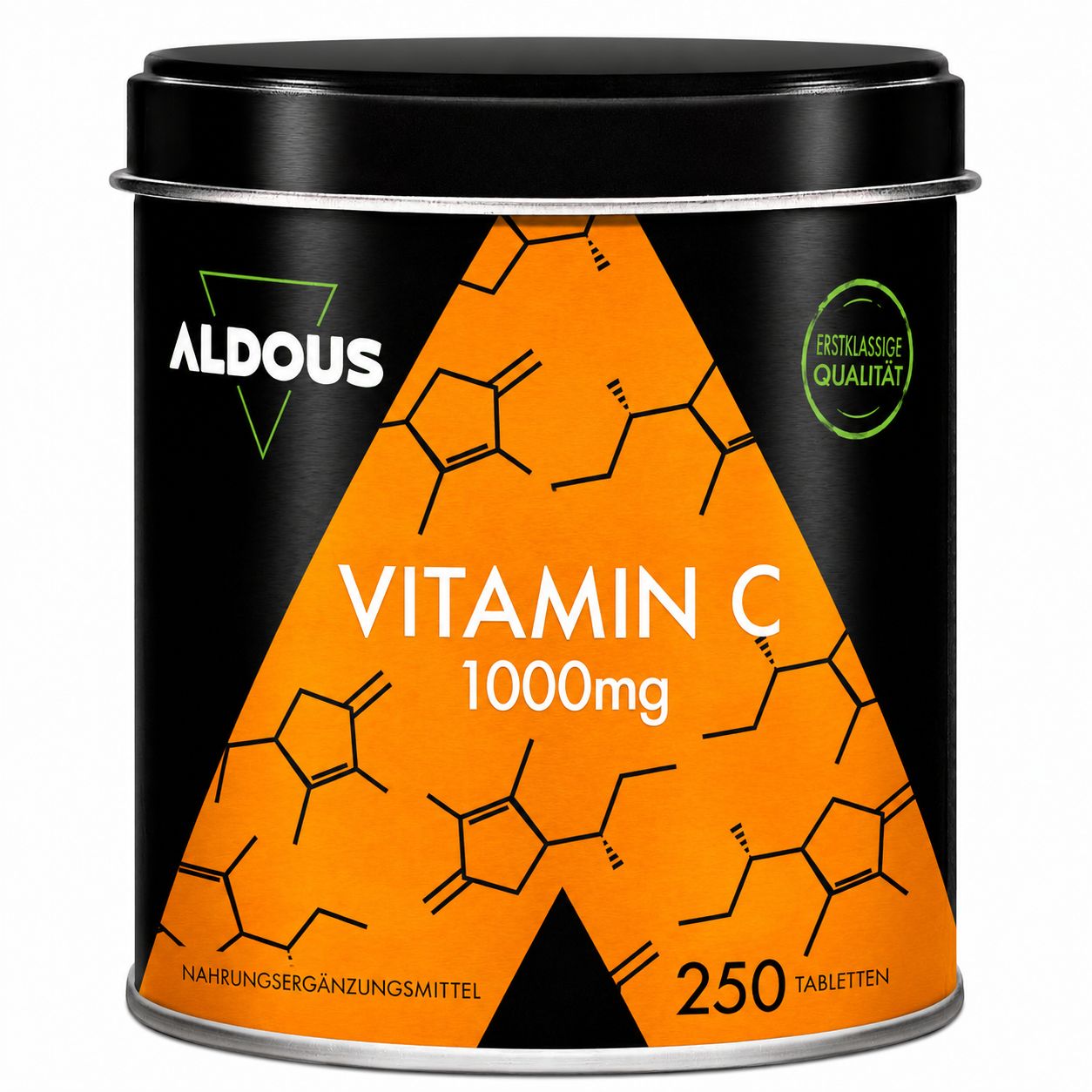 Aldous Vitamin C 1000mg Dose mit 250 Tabletten. Schwarze Dose mit orange-schwarzem Etikett und chemischen Formeln.