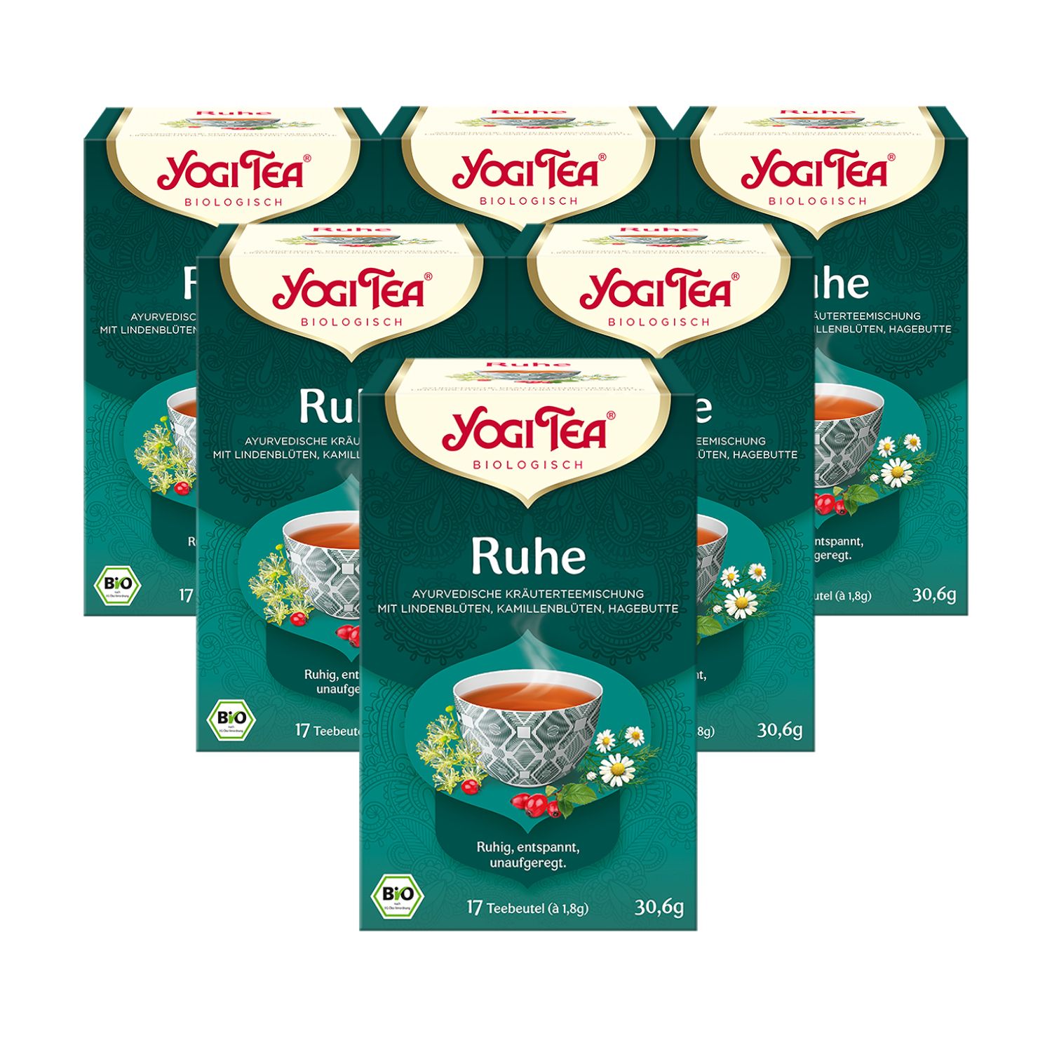 Mehrere Packungen Yogi Tea - Ruhe Bio Kräutertee. Grüne Verpackung mit Logo und Produktbezeichnung. 17 Teebeutel.