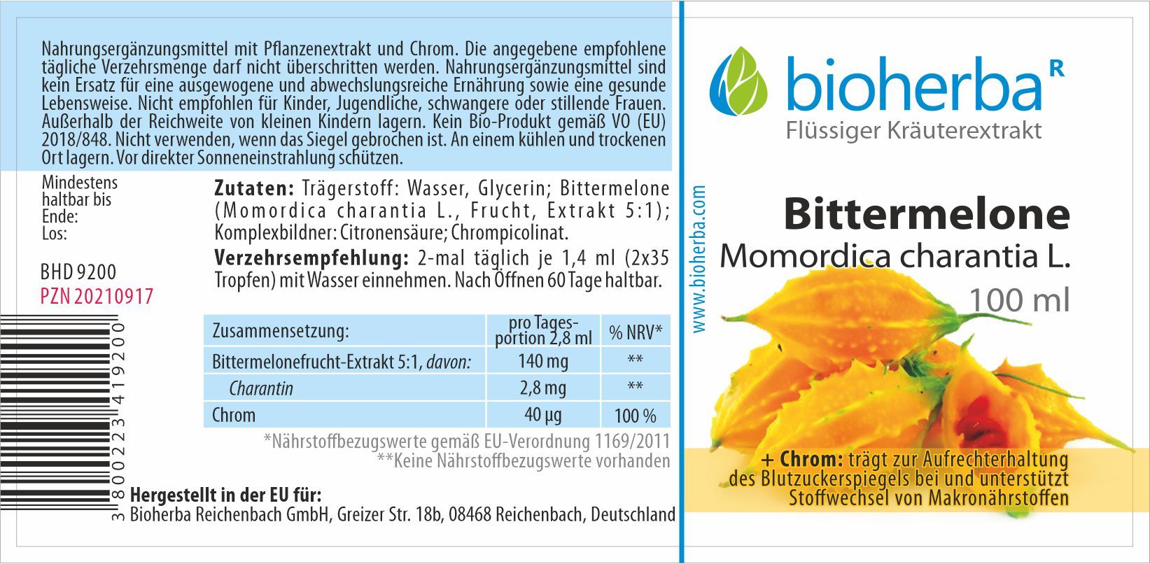Etikett mit Produktinformationen. Bioherba Bittermelone, Momordica charantia L. Extrakt, 100 ml. Mit Bittermelonen-Illustration.