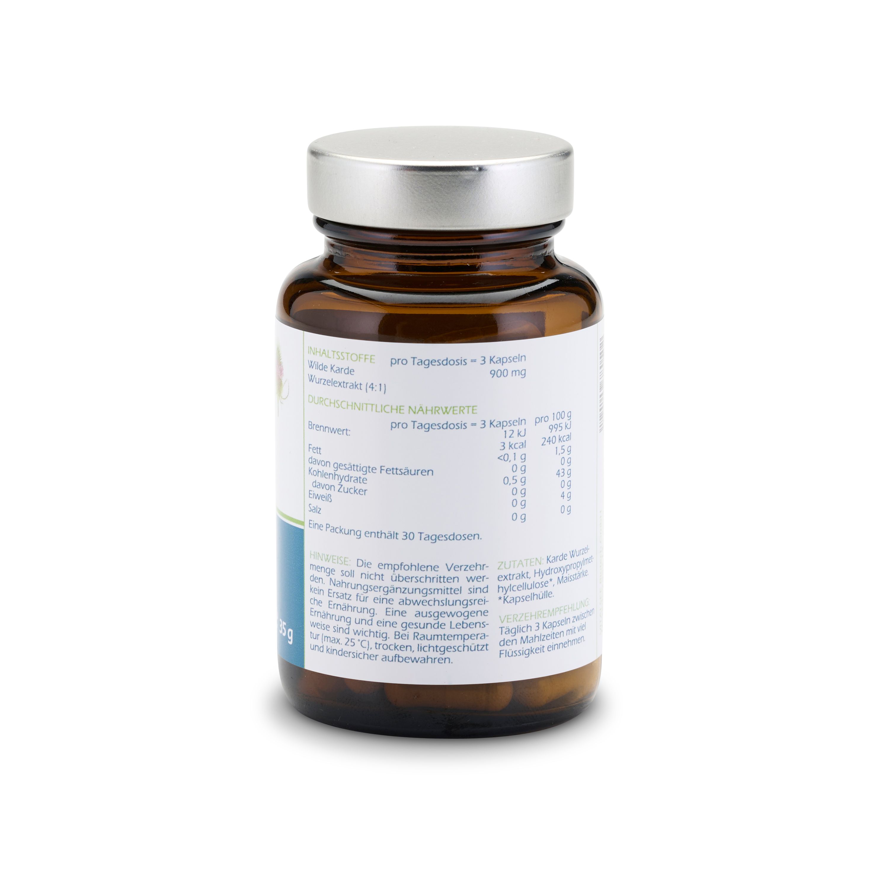 Rückseite einer braunen Glasflasche. Etikett mit Nährwertangaben und Inhaltsstoffen. Text in deutscher Sprache.