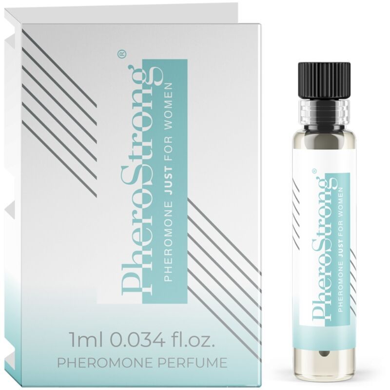 PheroStrong Pheromon-Parfüm für Frauen, 1ml. Enthält eine kleine Glasflasche mit Zerstäuber und eine Umverpackung.