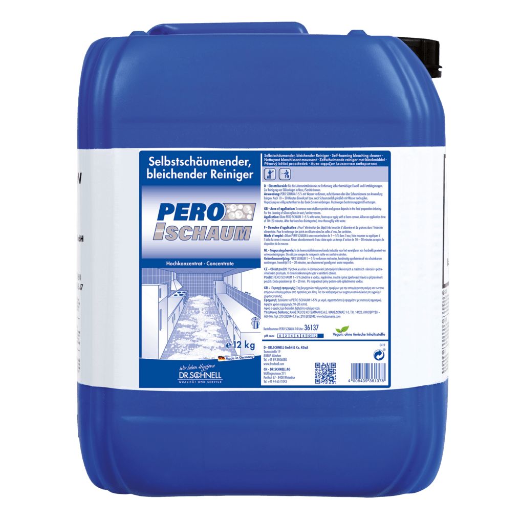 Blauer Kanister mit Aufschrift PERO SCHAUM. Text: Selbstschäumender, bleichender Reiniger. Marke: Dr. Schnell. Gewicht: 12 kg.