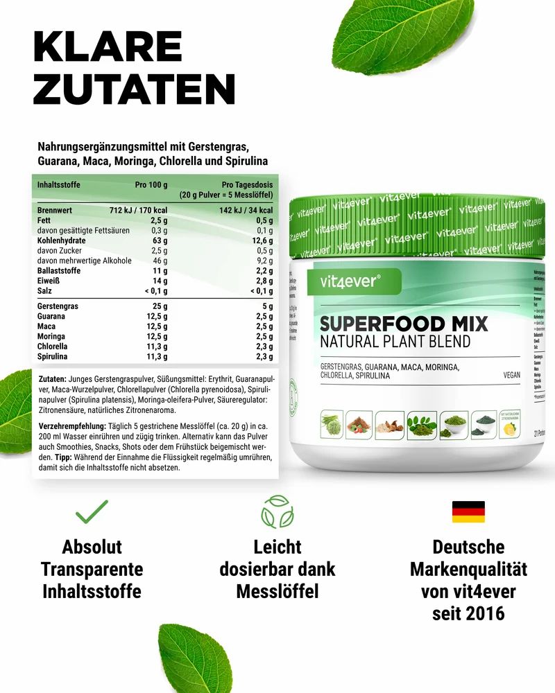 Vit4ever Superfood Mix Pulver mit Zutaten wie Gerstengras, Guarana, Maca, Moringa.