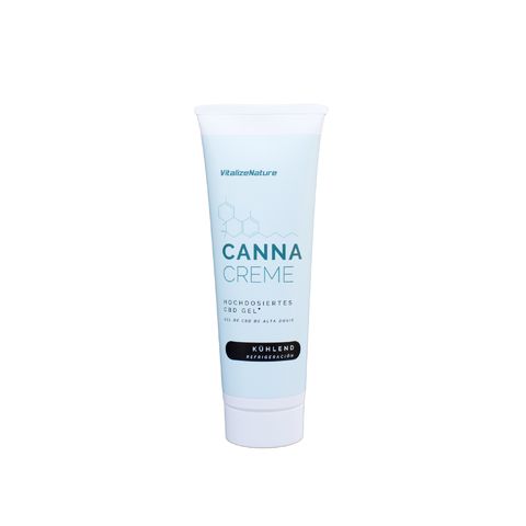 Canna Creme CBD Gel Tube. Kühlend. Produktname und Logo auf der Tube.