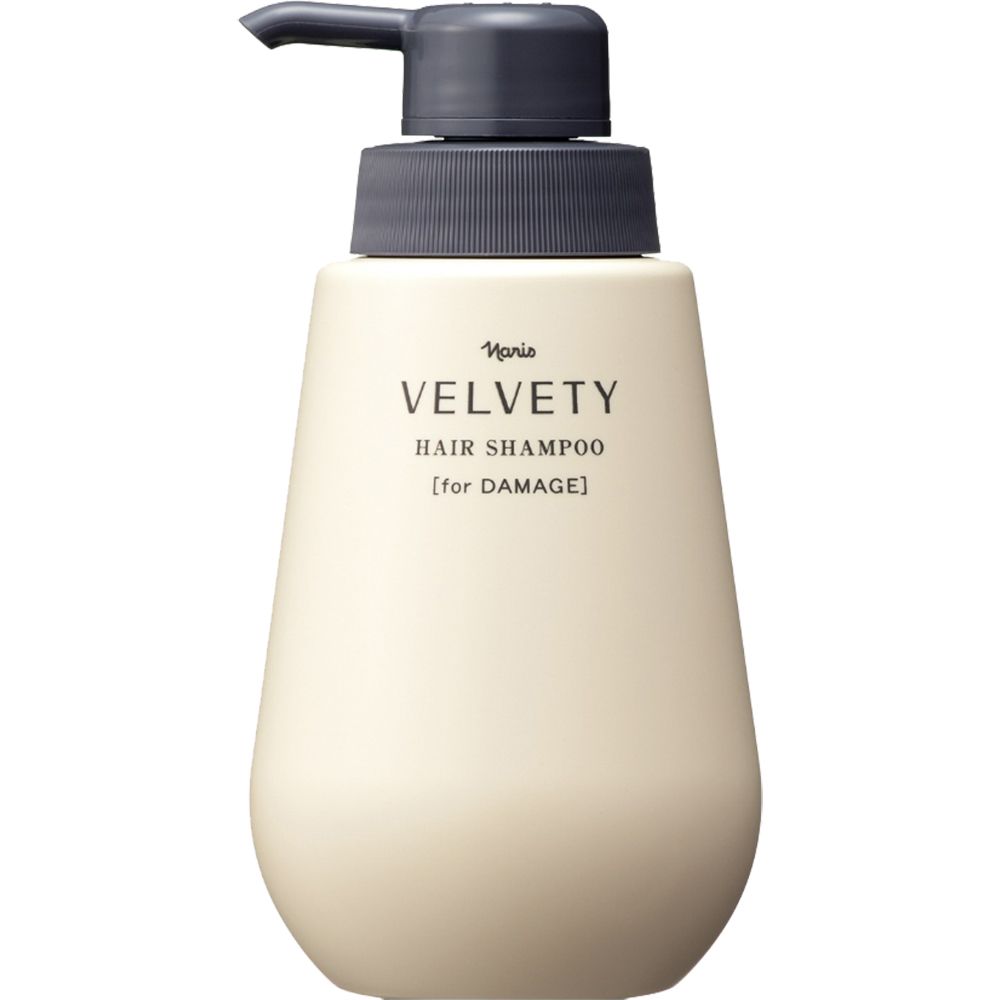 Beige Shampooflasche mit Pumpe. Schwarzer Schriftzug: VELVETY HAIR SHAMPOO [for DAMAGE].