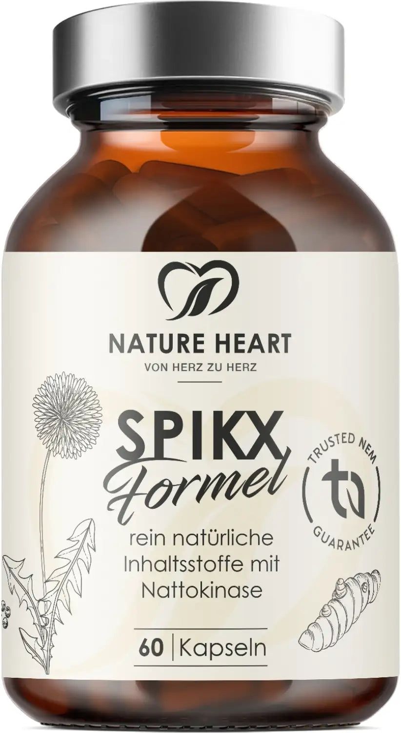 Braune Glasflasche mit Kapseln. Aufschrift: SPIKX Formel, 60 Kapseln. Logo: Nature Heart, Trusted NEM Guarantee.