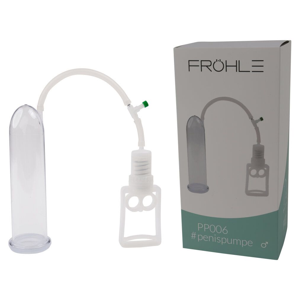 Penispumpe mit transparentem Zylinder, weißem Zubehör und Schlauch. Produktverpackung mit Aufschrift FRÖHLE und PP006.
