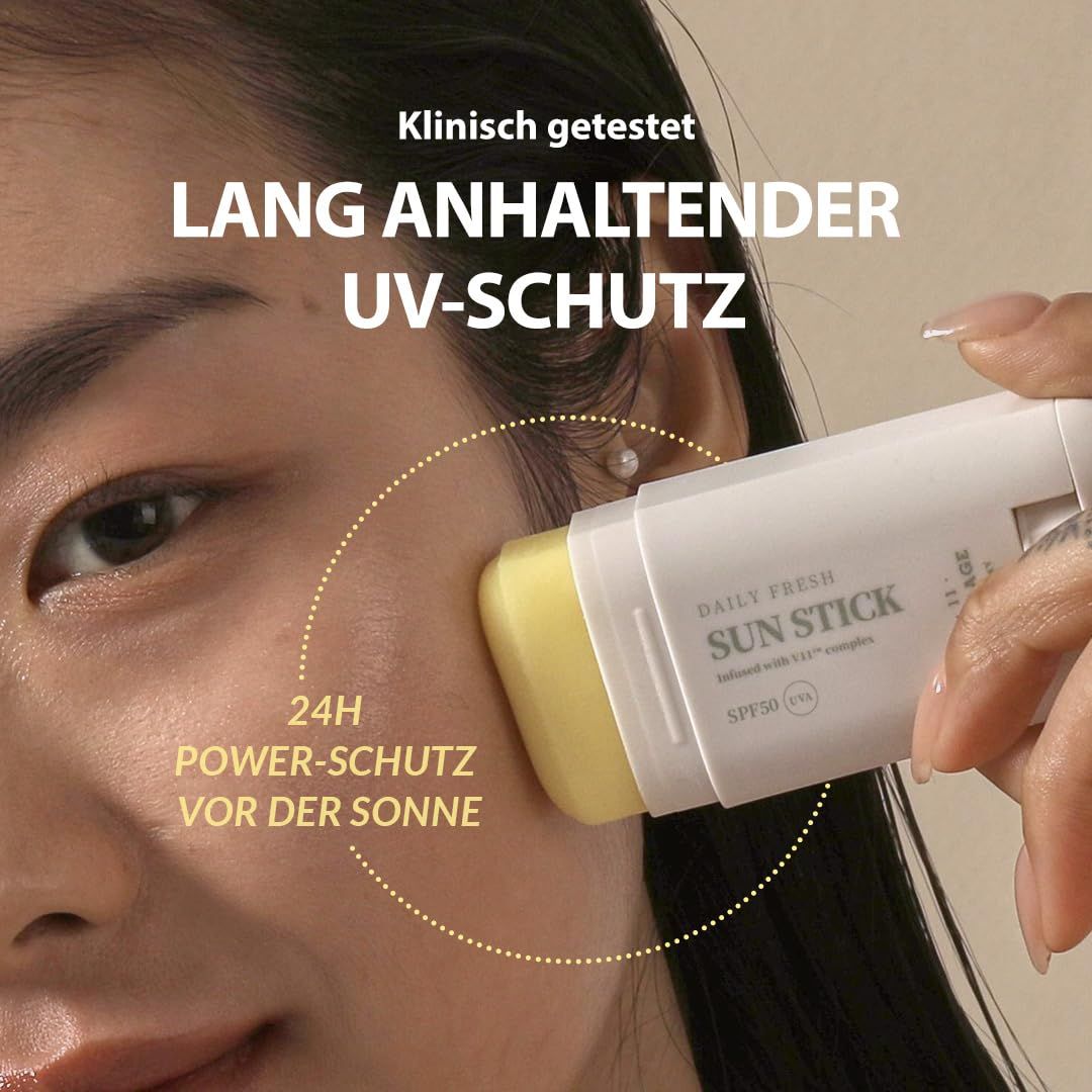 Frau trägt Daily Fresh Sun Stick auf. Text: Lang anhaltender UV-Schutz, 24h Power-Schutz vor der Sonne.