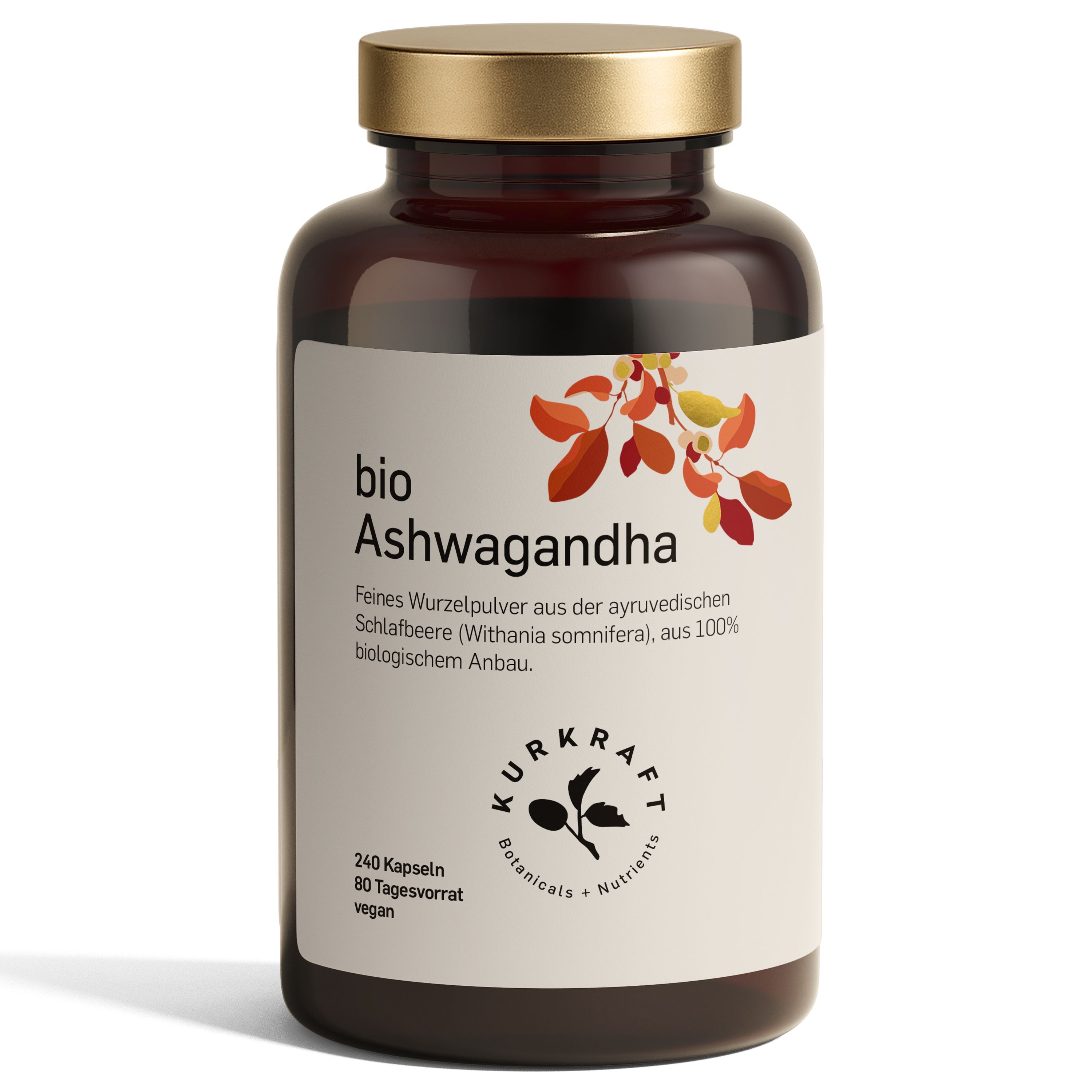 Braune Glasflasche mit goldfarbenem Deckel. Etikett mit 'bio Ashwagandha' und Pflanzenabbildung. 240 Kapseln, vegan.