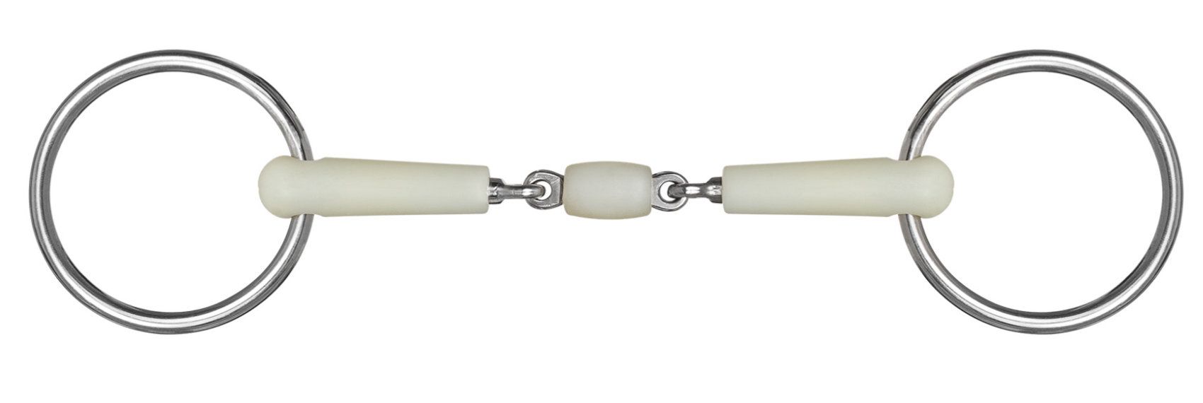 Rollgebiss mit Edelstahlringen und Kunststoffmundstück. Zwei Ringe, verbunden durch ein Mittelstück.