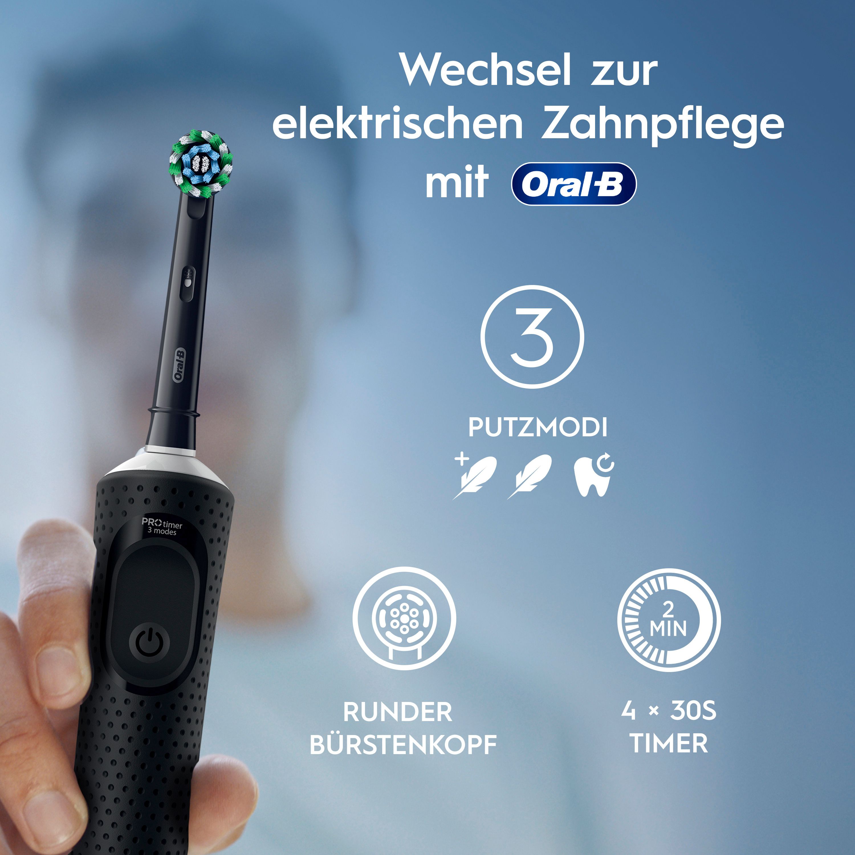 Elektrische Zahnbürste mit rundem Bürstenkopf. Text: Wechsel zur elektrischen Zahnpflege mit Oral-B. 3 Putzmodi, 2 Min Timer.