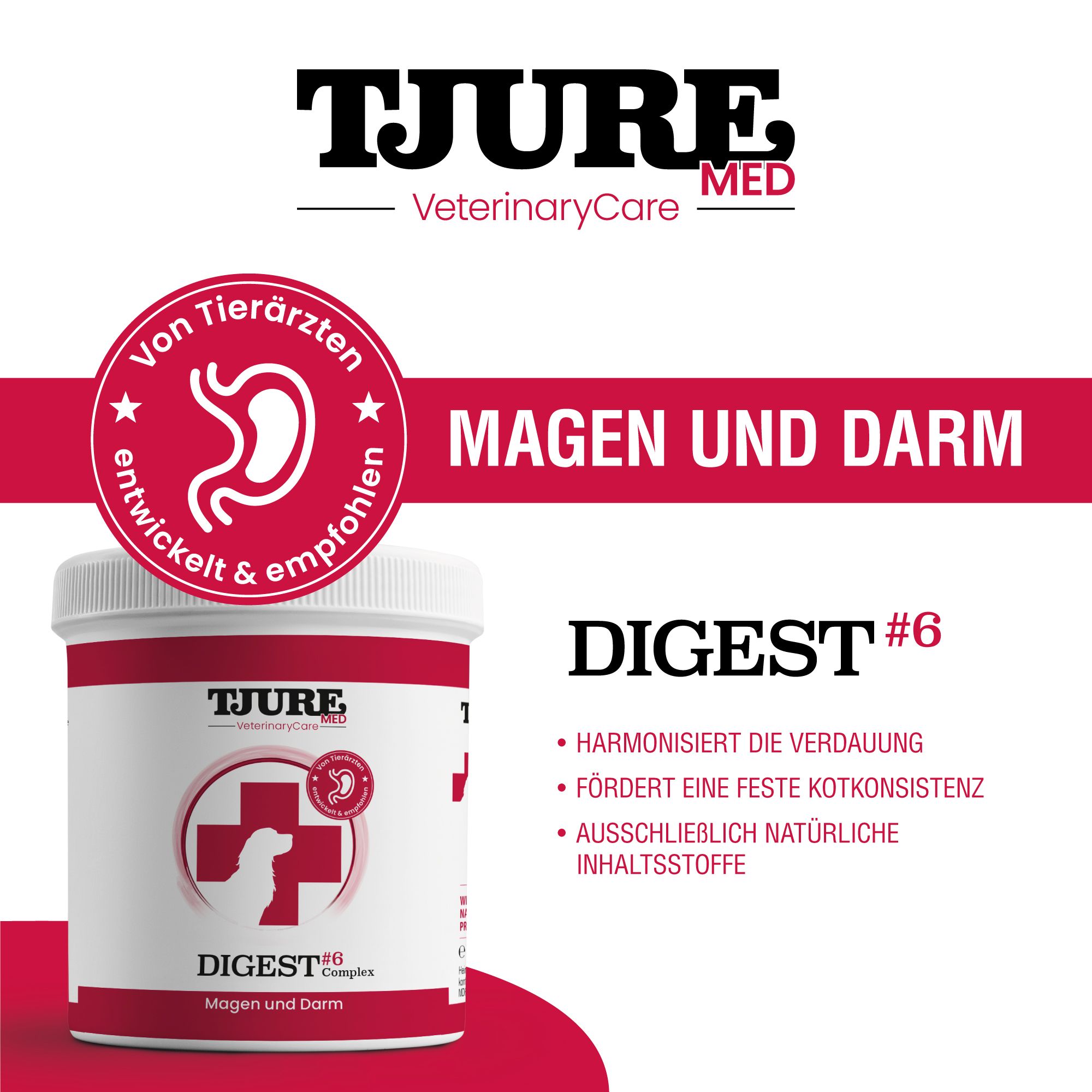Roter Hintergrund mit TJURE MED Logo und Text: MAGEN UND DARM. DIGEST #6. Auflistung von Vorteilen.