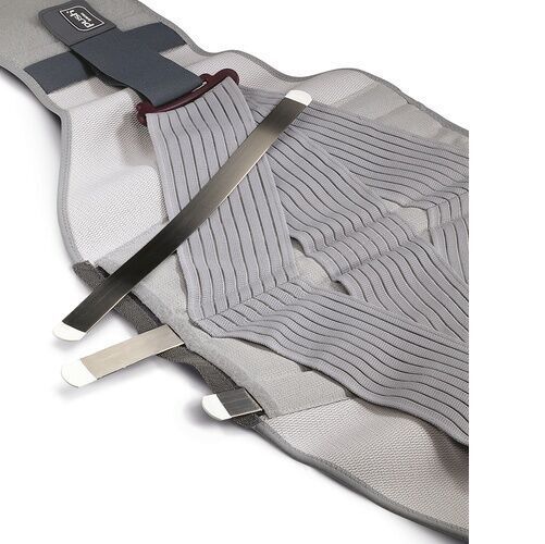 Graue OFA Push Med Lumbalbandage. Mit Metallstreben und Klettverschlüssen. Detailansicht der Innenseite.