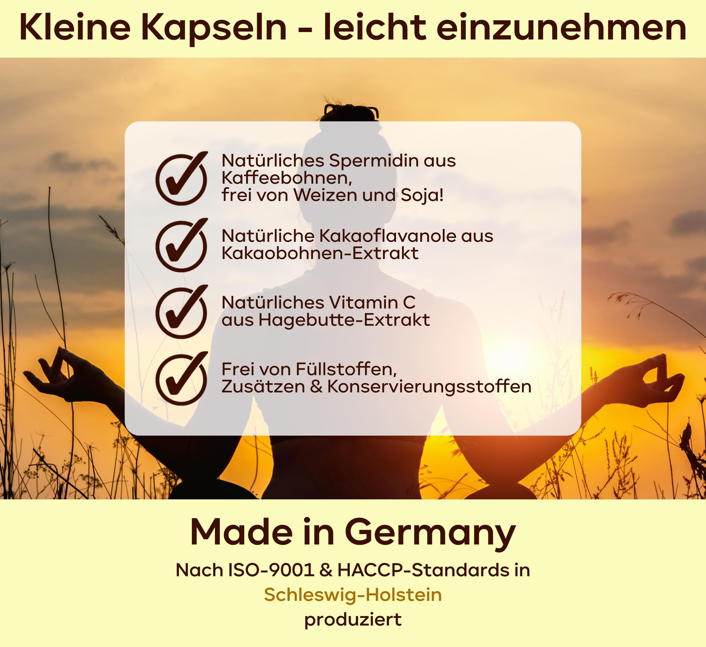Text auf gelbem Hintergrund: Natürliches Spermidin, Kakao-Flavanole, Vitamin C. Frei von Weizen, Soja, Füllstoffen, Zusätzen. Made in Schleswig-Holstein.