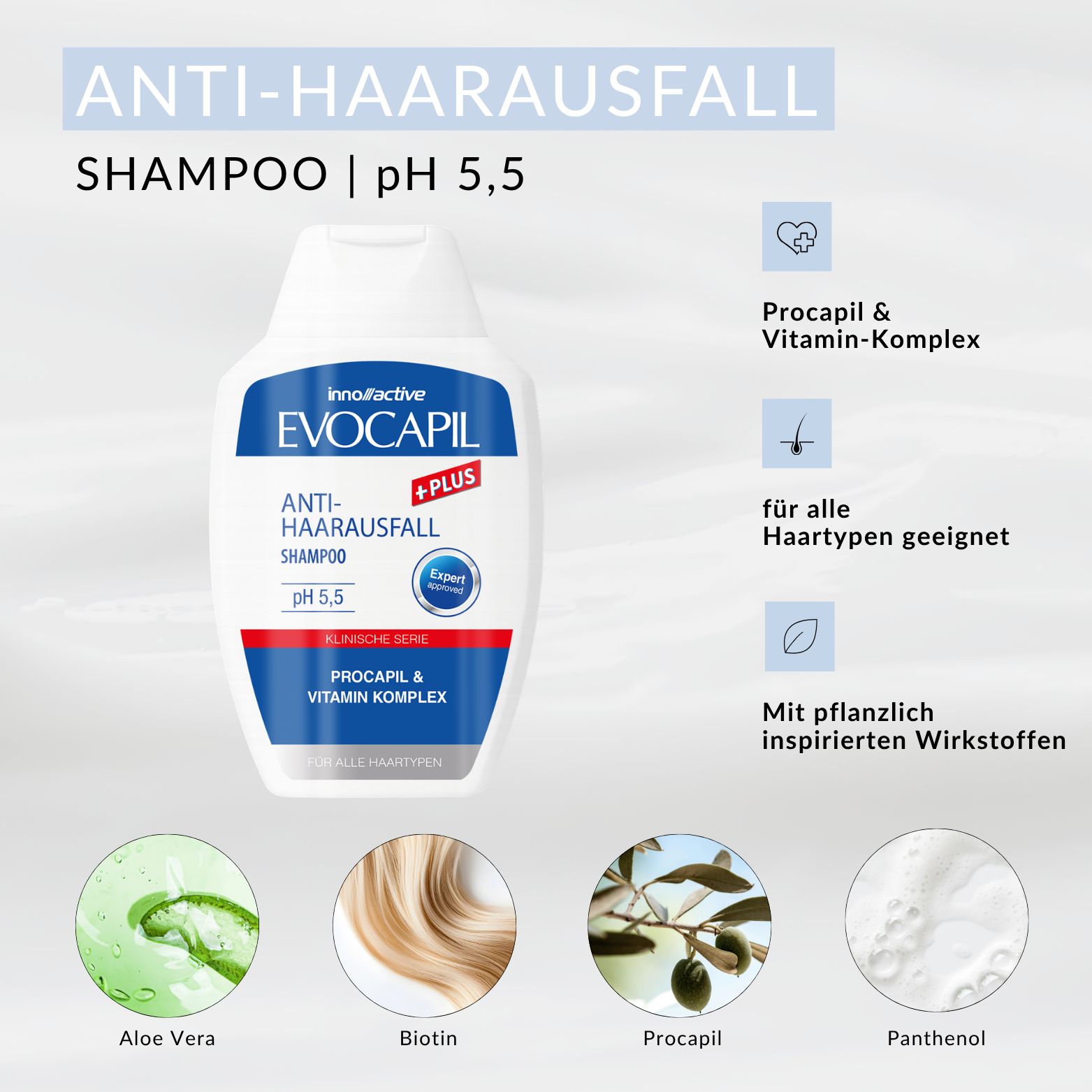 Evocapil Anti-Haarausfall Shampoo mit Aloe Vera, Biotin, Procapil und Panthenol.