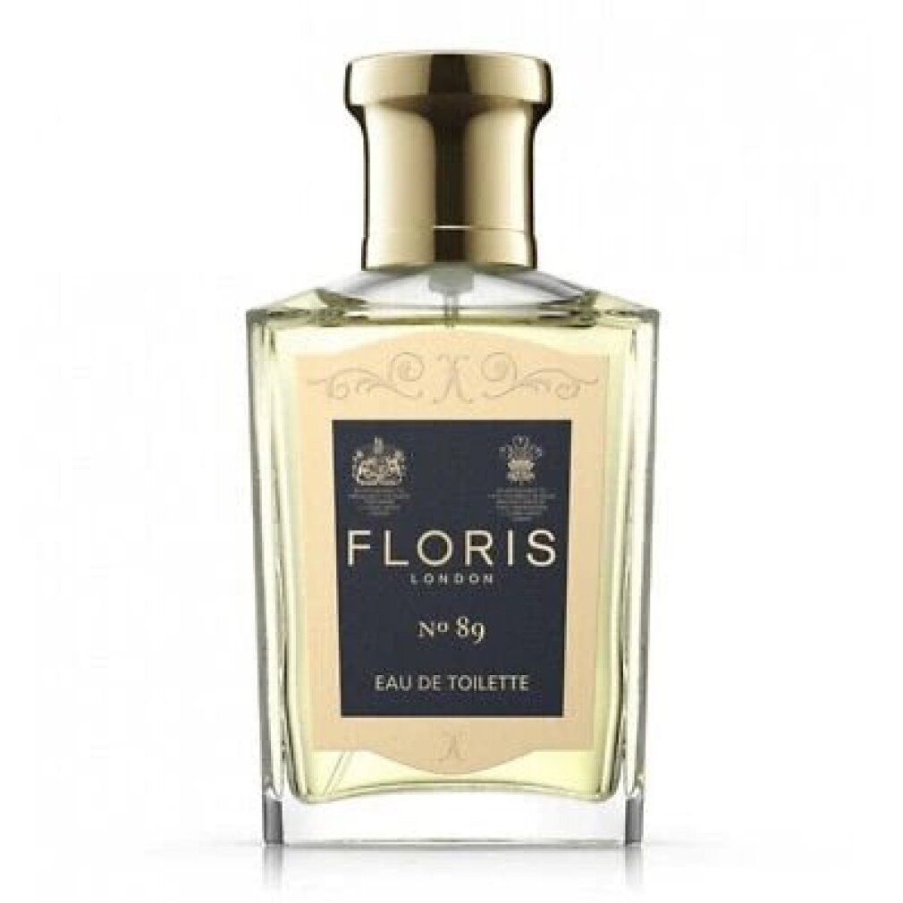 Floris No. 89 Eau de Toilette Flakon. Rechteckiger Glasflakon mit goldenem Verschluss und Etikett.