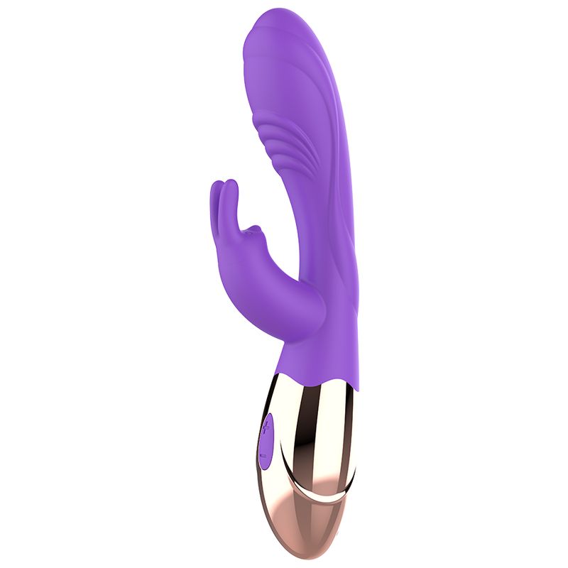 Lila Vibrator mit goldfarbenem Akzent. Silikon, ergonomische Form. Aufsatz in Fingerform.