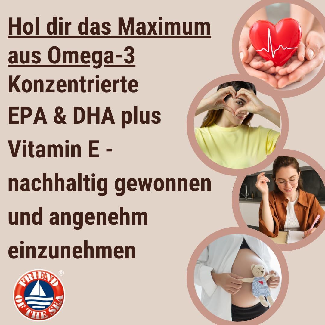 Text: Hol dir das Maximum aus Omega-3. Konzentrierte EPA & DHA plus Vitamin E. Bilder: Herz, Hände, Frau, Babybauch.